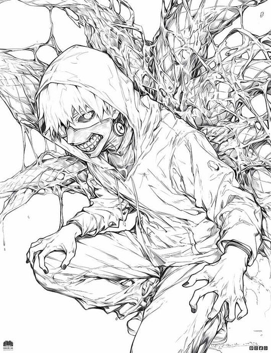 Free Ken Kaneki coloring page featuring Kaneki with white hair and kagune tendrils, ready to color, PDF + JPG.