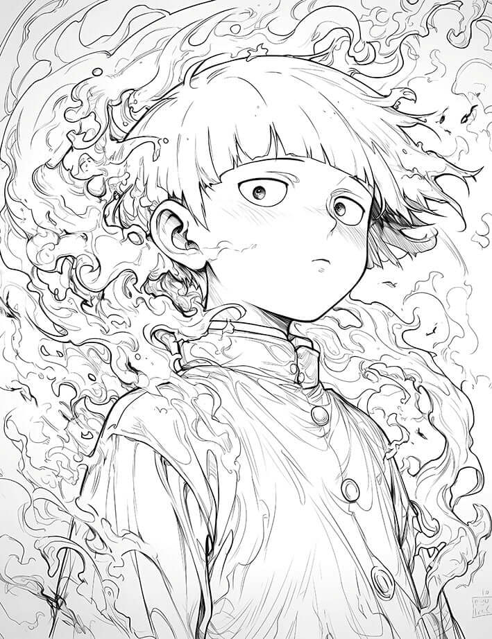 Free Mob Psycho 100 coloring page featuring Shigeo Kageyama with psychic energy and ghost spirits.
