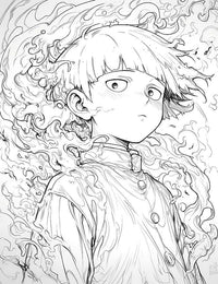 Free Mob Psycho 100 coloring page featuring Shigeo Kageyama with psychic energy and ghost spirits.