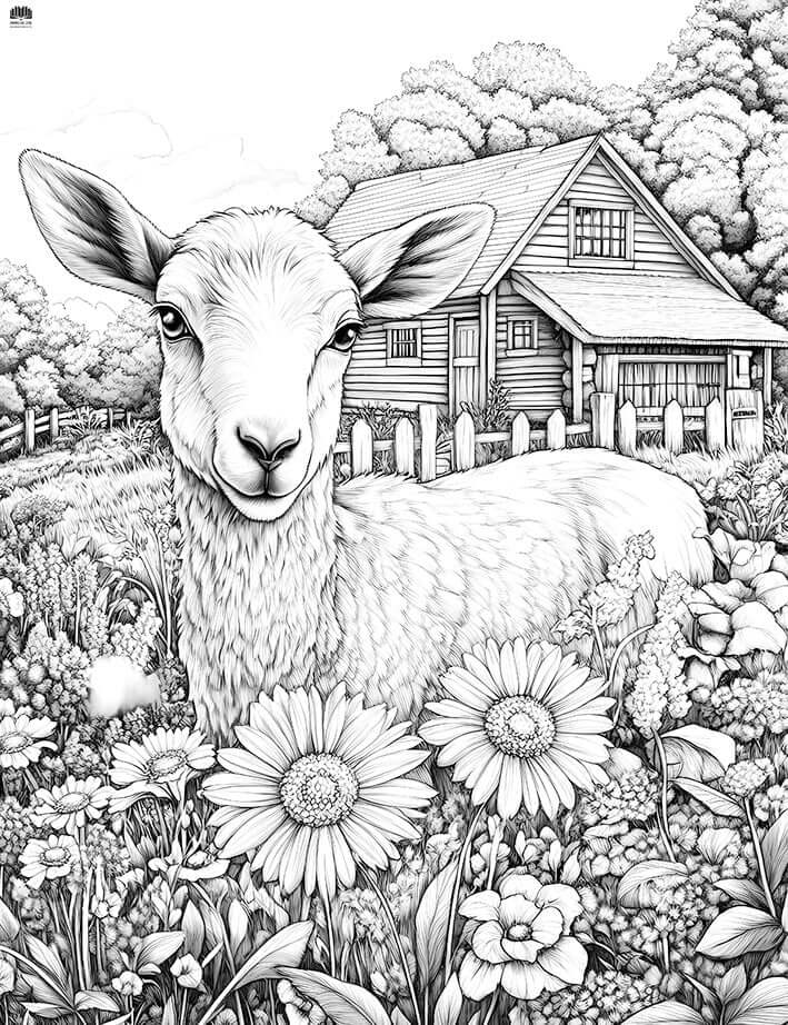 Free lamb and daisy coloring page featuring a young lamb in a field of daisies with a rustic farmhouse in the background.