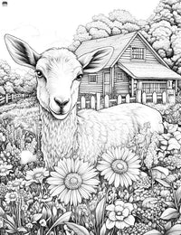 Free lamb and daisy coloring page featuring a young lamb in a field of daisies with a rustic farmhouse in the background.