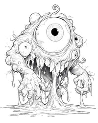 Free slime monster coloring page featuring a gooey creature with multiple eyes and a toothy grin.