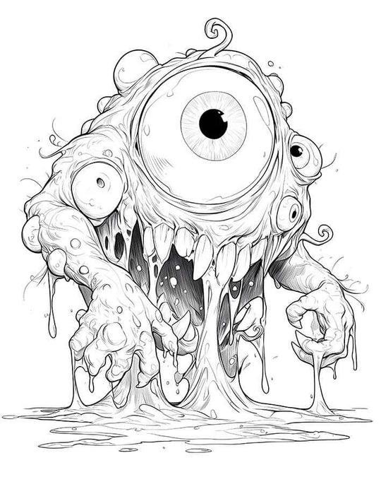 Free slime monster coloring page featuring a gooey creature with multiple eyes and a toothy grin.