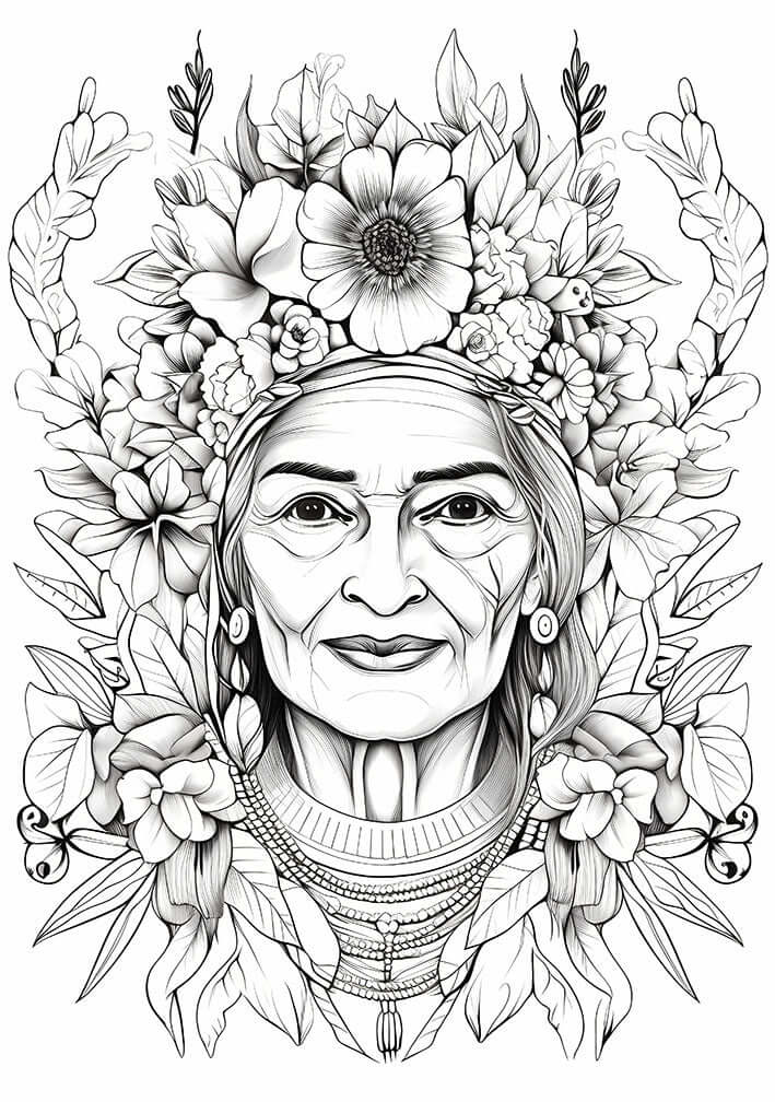 Free elder woman coloring page featuring a wise woman with a floral crown and intricate botanical details.