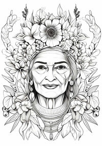 Free elder woman coloring page featuring a wise woman with a floral crown and intricate botanical details.