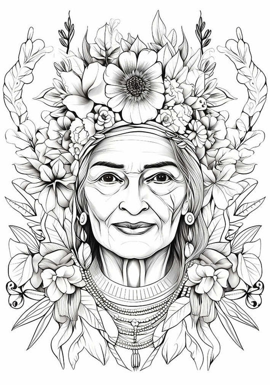 Free elder woman coloring page featuring a wise woman with a floral crown and intricate botanical details.