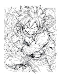 Intricate line art coloring page of Natsu Dragneel from Fairy Tail in a dynamic action pose, digital download from Anime Chronicles Volume 17.
