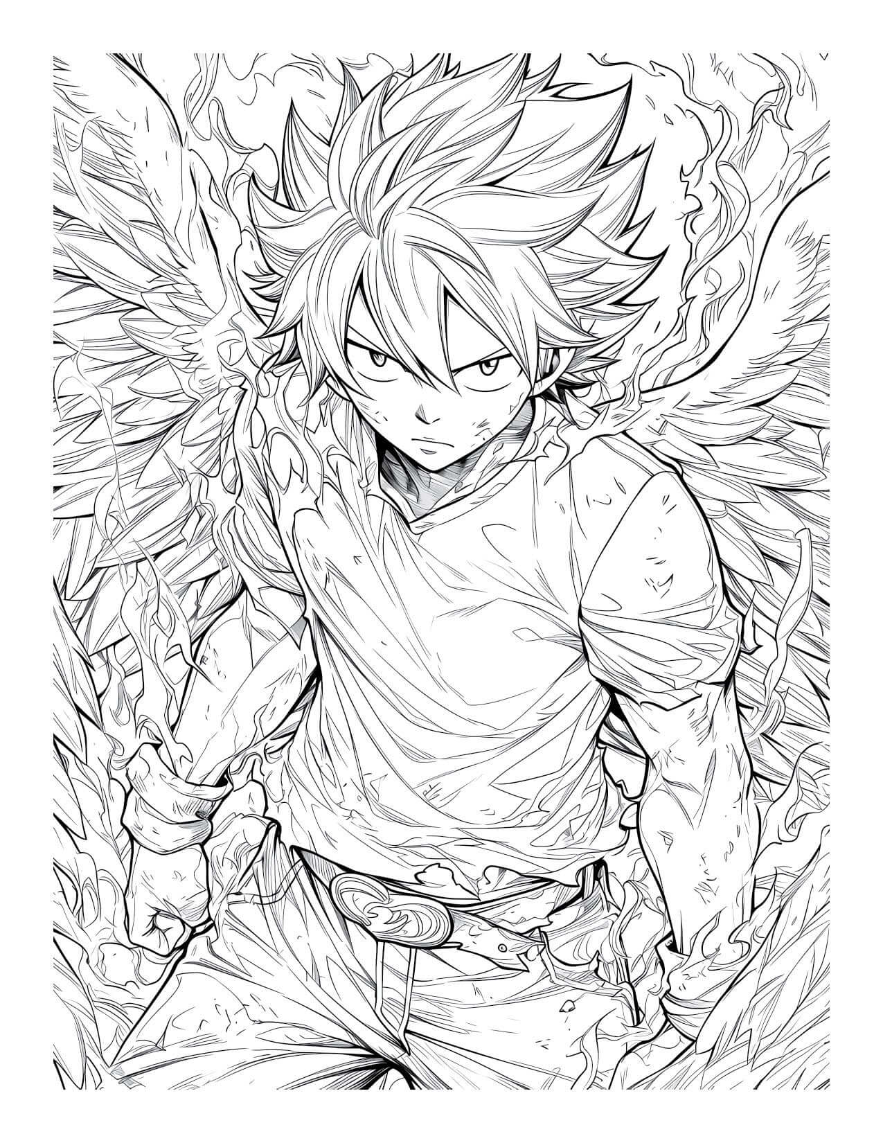 owerful Natsu Dragneel with fiery wings or aura coloring page, epic Fairy Tail line art for digital download from Anime Chronicles Volume 17