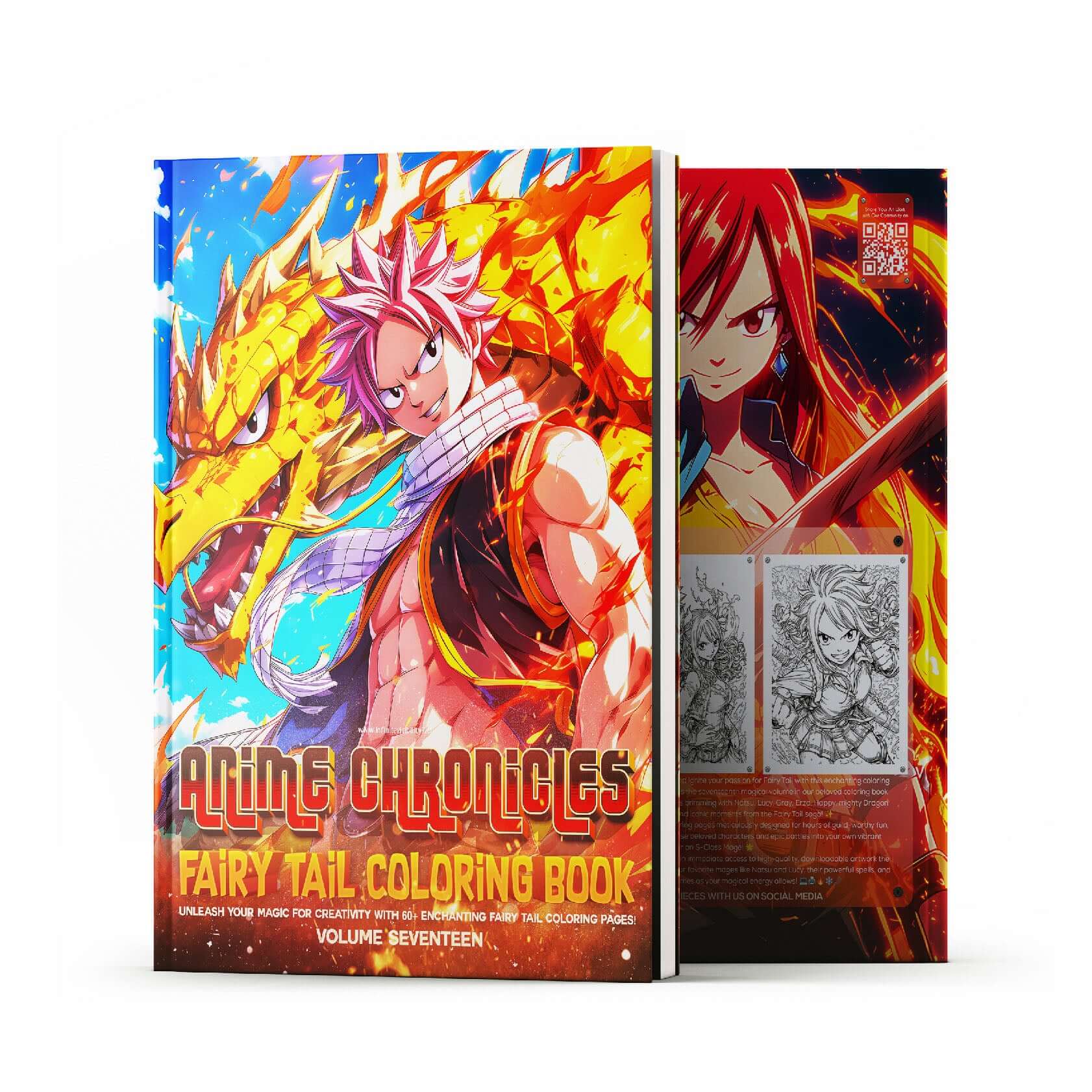 Fairy Tail Anime Chronicles Volume 17 coloring book mockup showing Natsu cover and Erza Scarlet back cover with sample line art pages, digital download for anime fans.