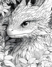 Intricate line art coloring page of a Featherleaf Seraph, a gentle bird-like dragon or fantasy creature with detailed feather/leaf plumage and a calm eye, nestled amongst blooming flowers and lush foliage, for adult coloring.