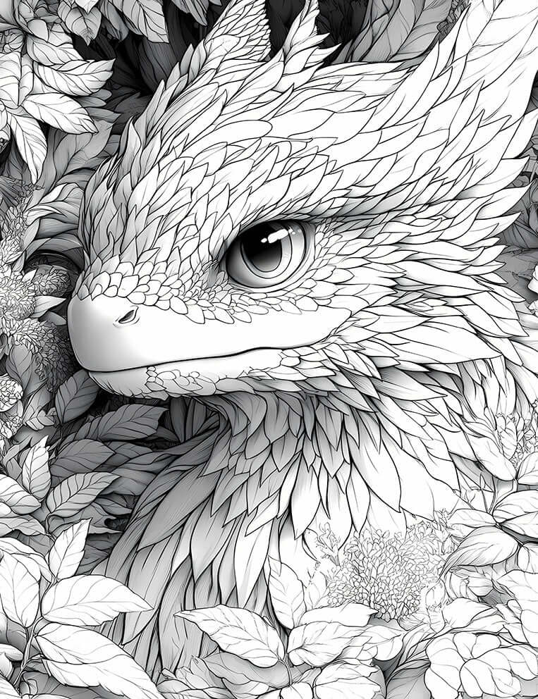 Intricate line art coloring page of a Featherleaf Seraph, a gentle bird-like dragon or fantasy creature with detailed feather/leaf plumage and a calm eye, nestled amongst blooming flowers and lush foliage, for adult coloring.