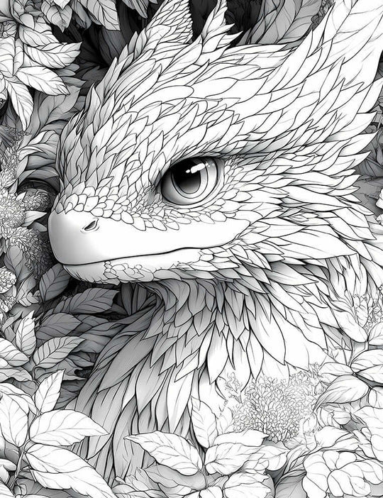 Intricate line art coloring page of a Featherleaf Seraph, a gentle bird-like dragon or fantasy creature with detailed feather/leaf plumage and a calm eye, nestled amongst blooming flowers and lush foliage, for adult coloring.