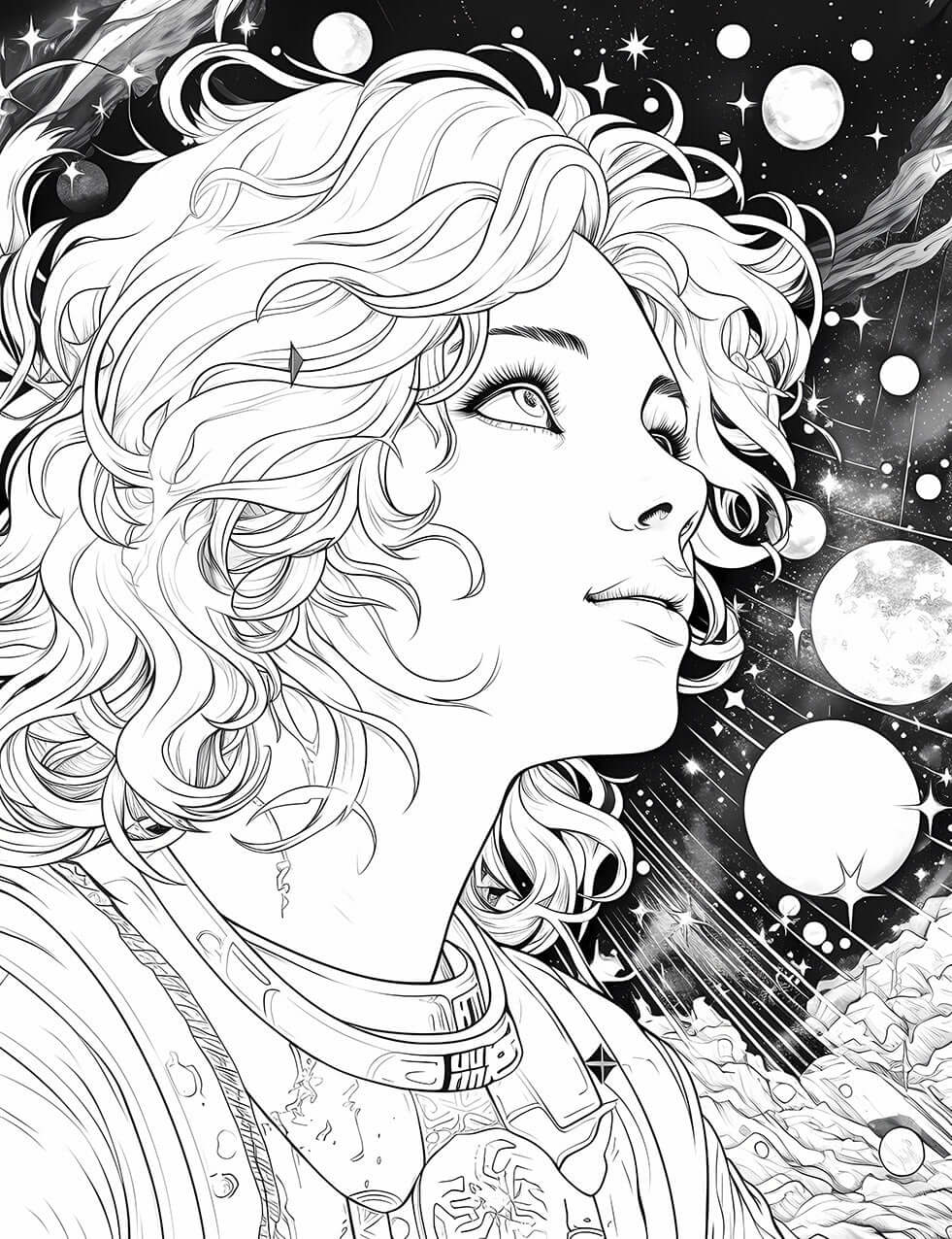 Female Astronaut in Space Adult Coloring Page - Infinite Visibility 👩‍🚀🌌