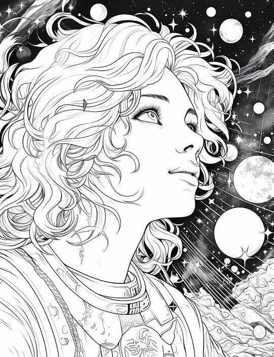 Female Astronaut in Space Adult Coloring Page - Infinite Visibility 👩‍🚀🌌