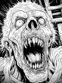 A detailed, high-energy horror coloring page of a feral zombie bursting out of the darkness, screaming with a wide mouth full of sharp, crystalline teeth and wild, shocked eyes.
