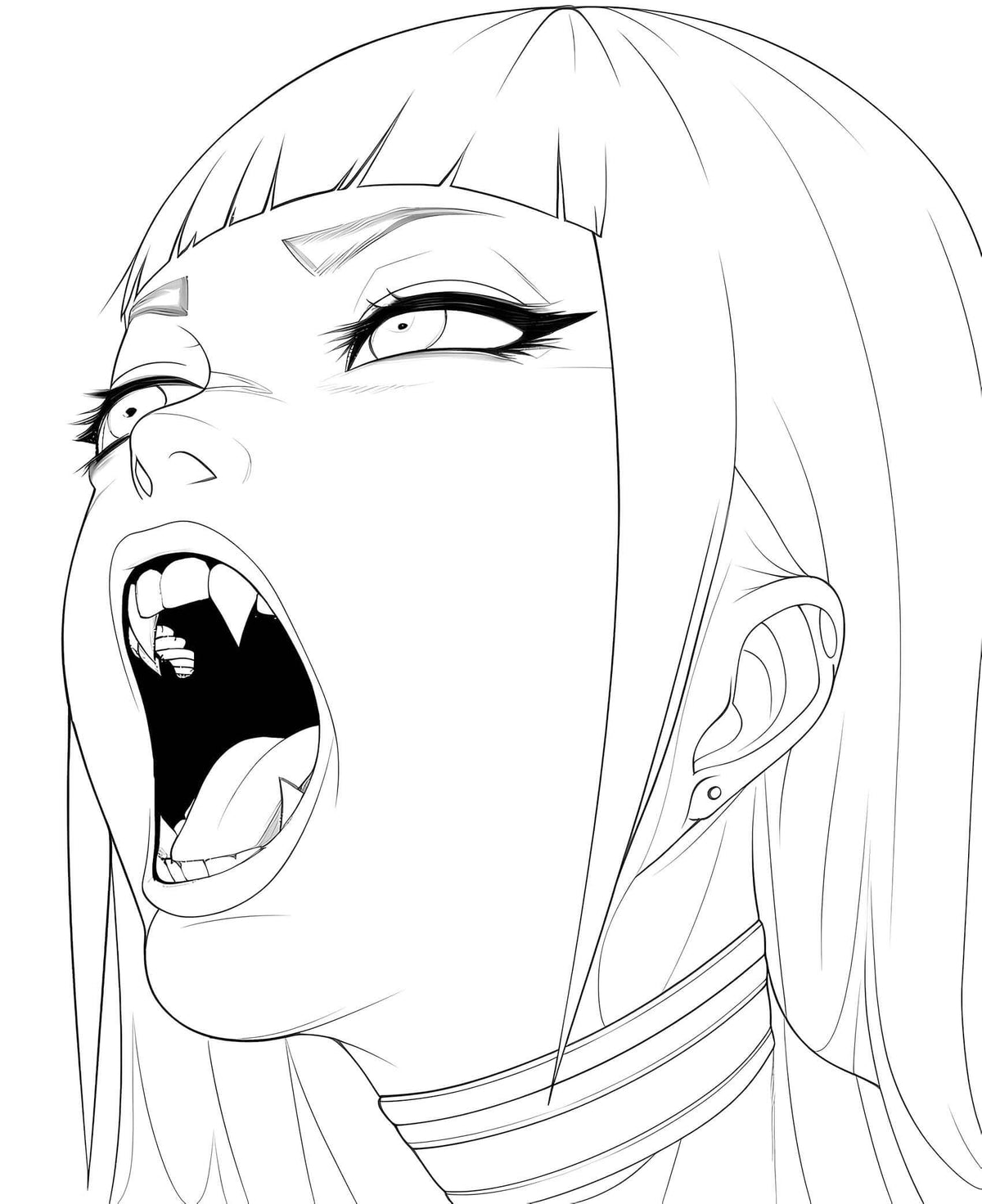 Line art of a ferocious anime vampire waifu girl yelling with head thrown back, sharp fangs, intense upward gaze, winged eyeliner, sleek bangs, gothic choker, and ear piercings – coloring page digital download.