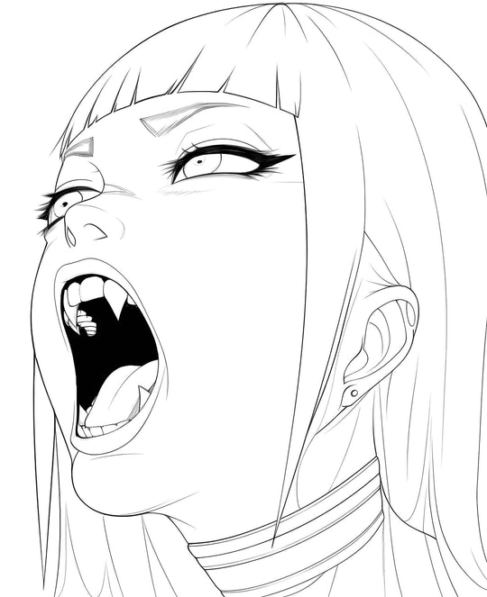 Line art of a ferocious anime vampire waifu girl yelling with head thrown back, sharp fangs, intense upward gaze, winged eyeliner, sleek bangs, gothic choker, and ear piercings – coloring page digital download.
