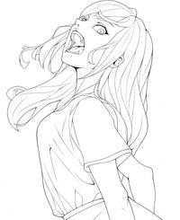 Line art of a fierce anime waifu girl yelling or screaming with head thrown back, long flowing hair, wide intense eyes, open mouth with fangs, wearing a t-shirt and skirt – dynamic emotion coloring page digital download.