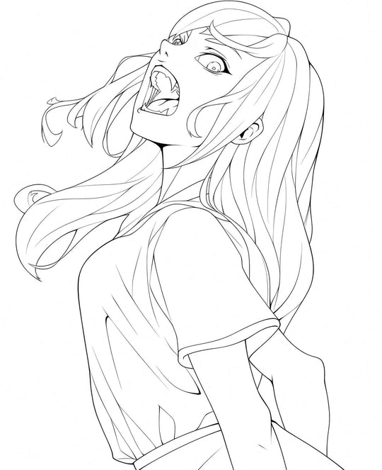 Line art of a fierce anime waifu girl yelling or screaming with head thrown back, long flowing hair, wide intense eyes, open mouth with fangs, wearing a t-shirt and skirt – dynamic emotion coloring page digital download.