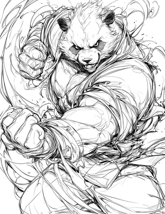 Dynamic and chaotic black and white line art of Panda from Jujutsu Kaisen in a ferocious, attacking pose, showing his teeth and bulging muscles.