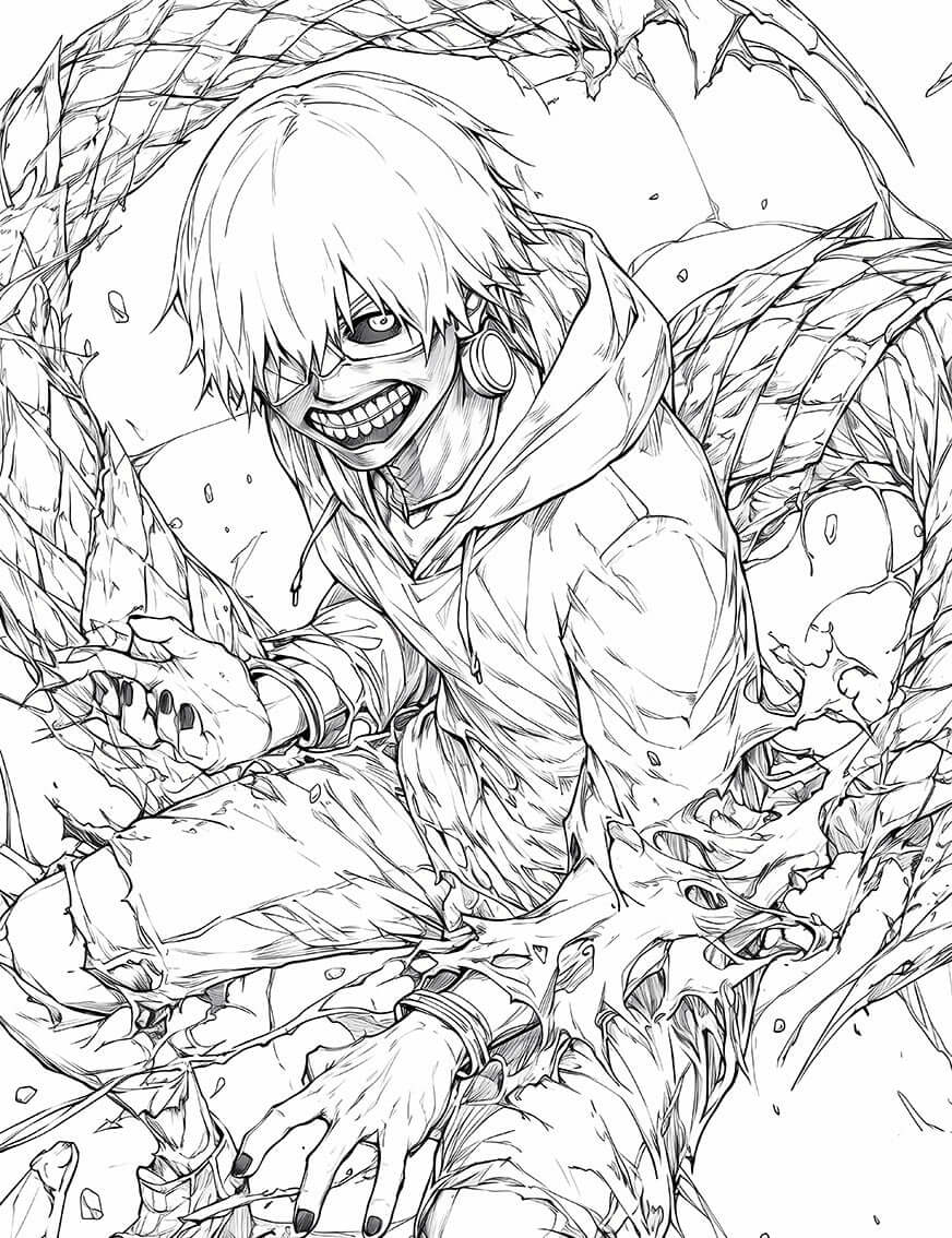 Fierce Kaneki Hoodie Power: Tokyo Ghoul Coloring Page - Instant Download