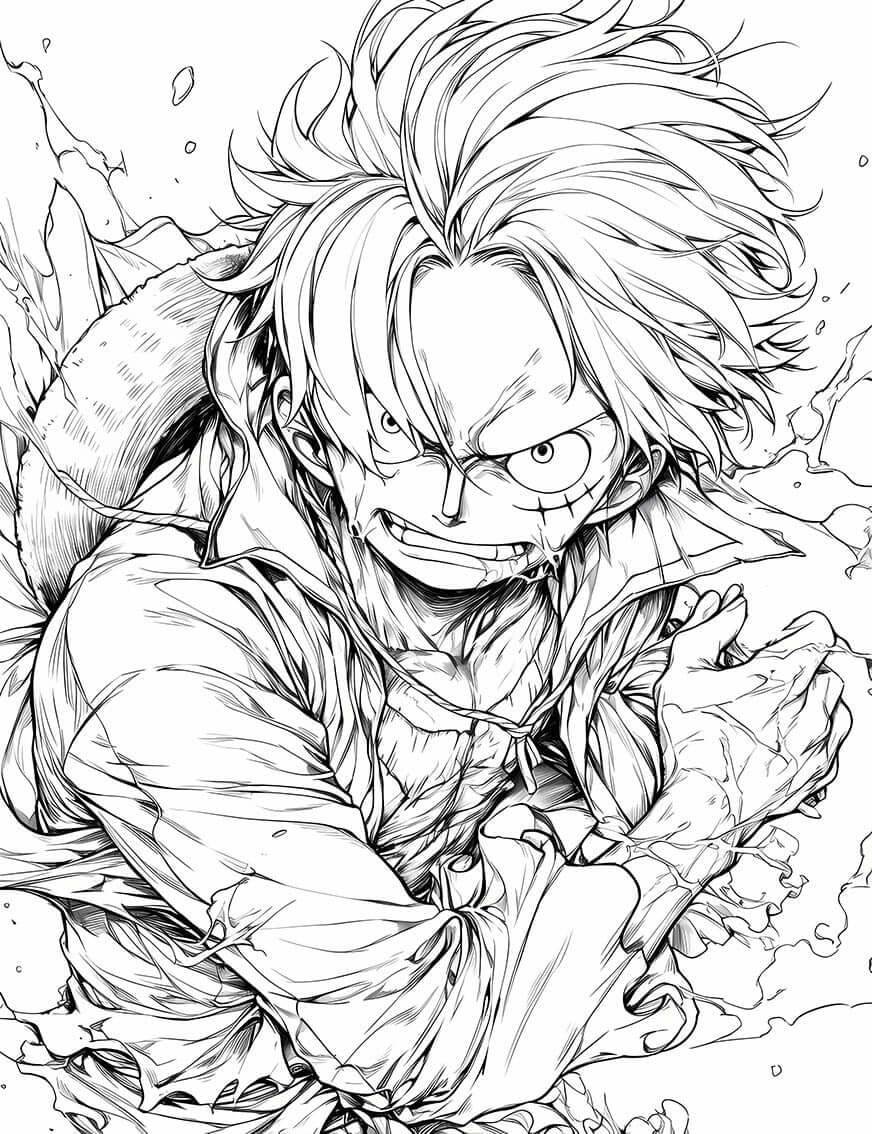 Fierce Monkey D. Luffy coloring page from One Piece, showcasing intense action and powerful expression in post-timeskip art.