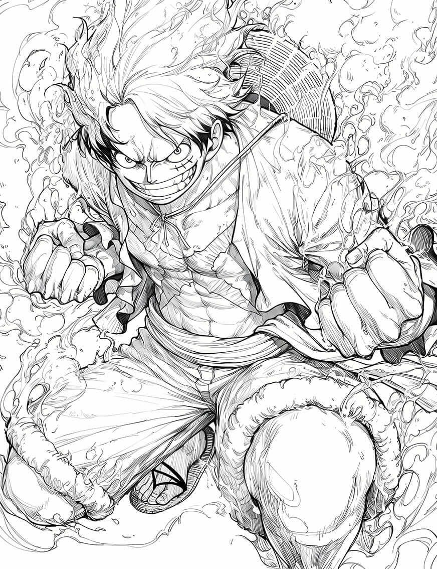 Dynamic coloring page of Monkey D. Luffy surrounded by fiery Haki, ready for action and creativity.