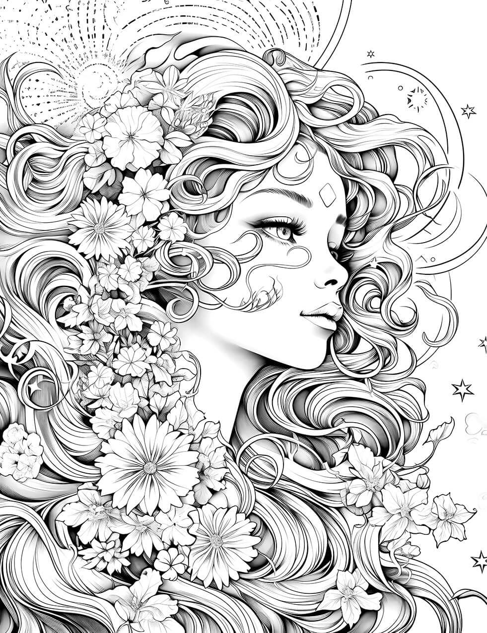 The Floral Goddess Coloring Page, an intricate black-and-white illustration of a beautiful goddess in profile with flowers woven through her flowing hair, set against a celestial background with a sun and stars.