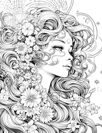 The Floral Goddess Coloring Page, an intricate black-and-white illustration of a beautiful goddess in profile with flowers woven through her flowing hair, set against a celestial background with a sun and stars.