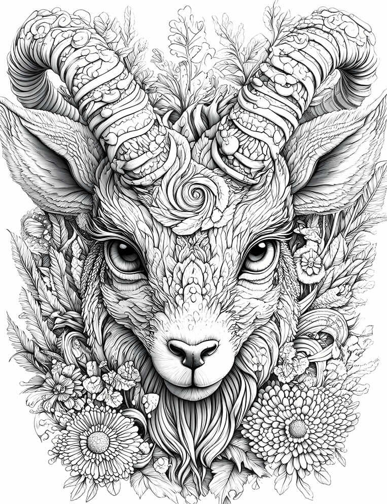 Highly detailed line art coloring page of a Floral Spiralhorn Guardian, a mythical horned ram-like creature with intricately patterned face and spiraling horns, surrounded by a profusion of detailed flowers (chrysanthemums, daisies) and foliage, for advan