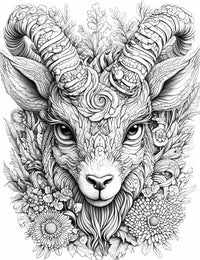 Highly detailed line art coloring page of a Floral Spiralhorn Guardian, a mythical horned ram-like creature with intricately patterned face and spiraling horns, surrounded by a profusion of detailed flowers (chrysanthemums, daisies) and foliage, for advan