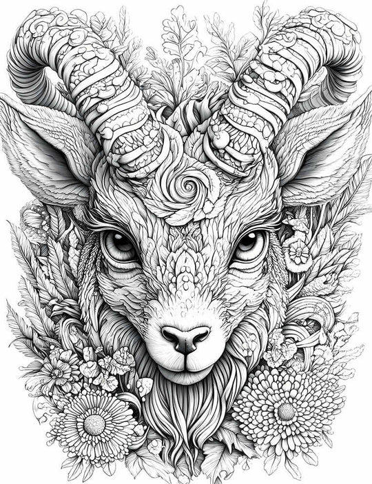 Highly detailed line art coloring page of a Floral Spiralhorn Guardian, a mythical horned ram-like creature with intricately patterned face and spiraling horns, surrounded by a profusion of detailed flowers (chrysanthemums, daisies) and foliage, for advan