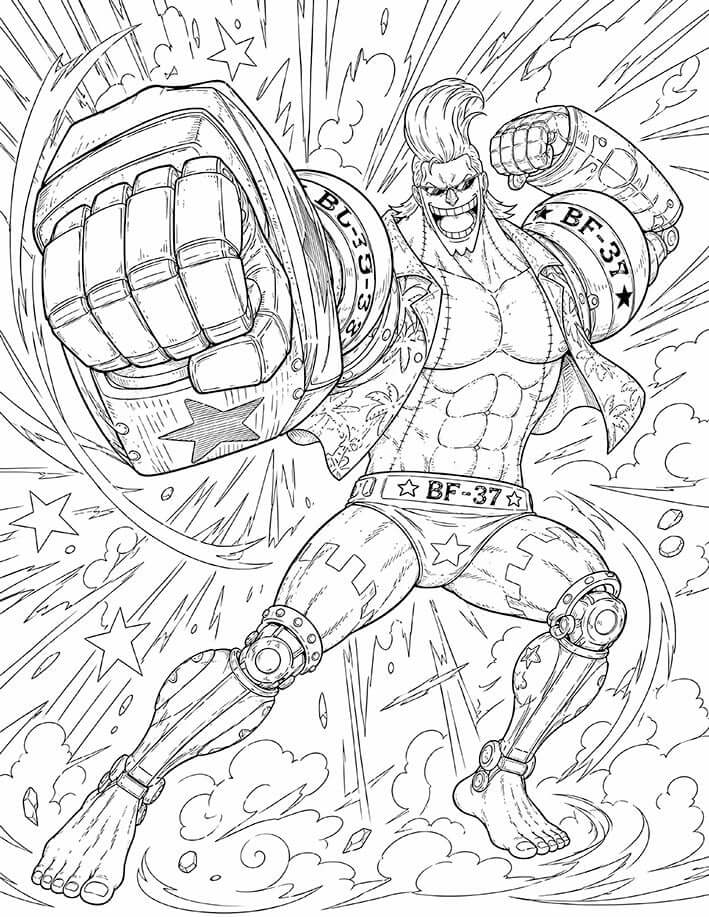 Franky One Piece Coloring Page BF-37 Strong Right featuring an enormous mechanical fist, raised cyborg arm, BF-37 shoulders, explosive speed lines, smoke, and flying debris