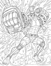 Franky One Piece Coloring Page BF-37 Strong Right featuring an enormous mechanical fist, raised cyborg arm, BF-37 shoulders, explosive speed lines, smoke, and flying debris