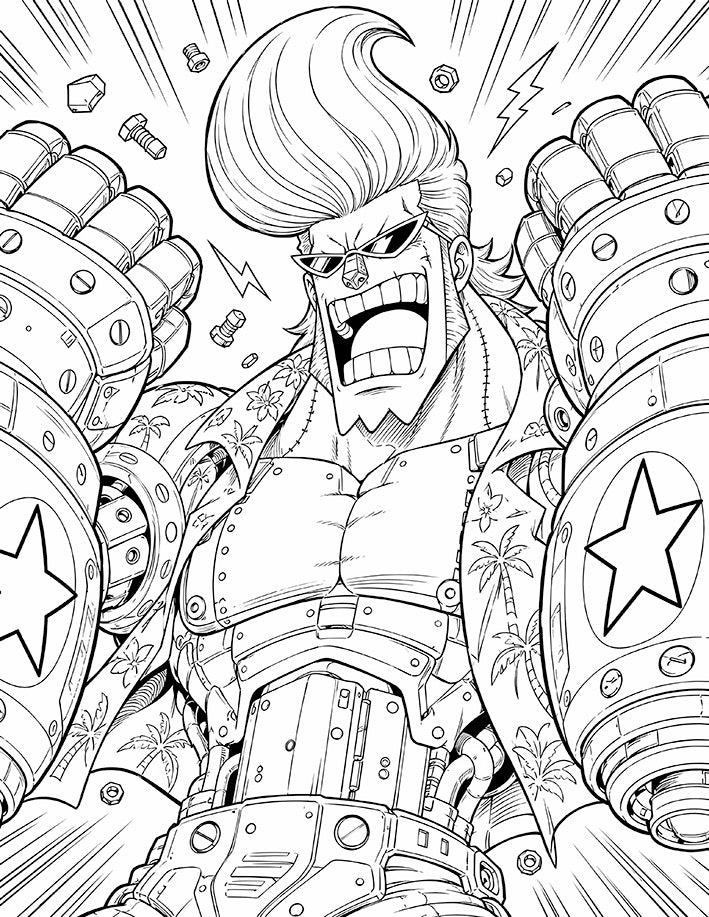 Franky One Piece Coloring Page Iron Man featuring twin mechanical fists, star armor, exposed cyborg machinery, flying bolts, sunglasses, and a SUPER battle roar