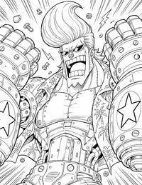 Franky One Piece Coloring Page Iron Man featuring twin mechanical fists, star armor, exposed cyborg machinery, flying bolts, sunglasses, and a SUPER battle roar
