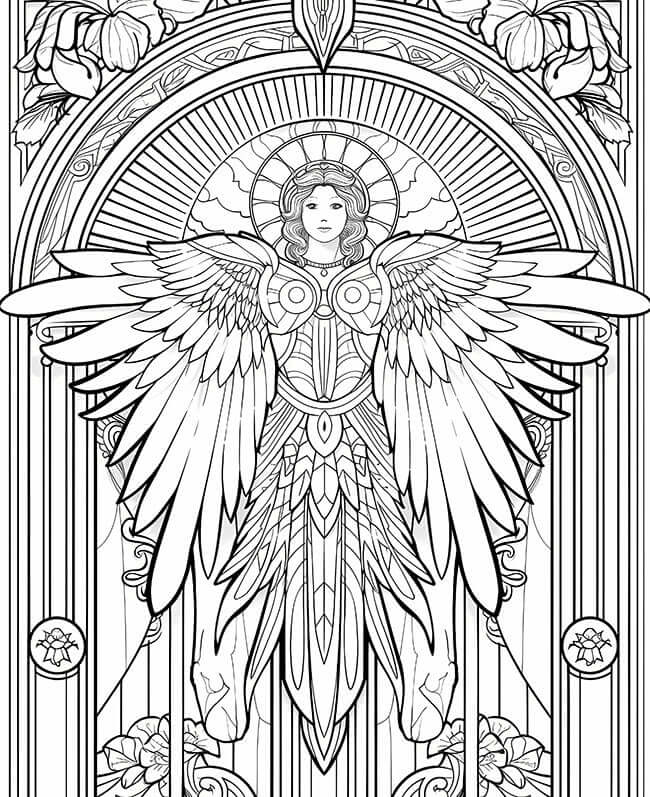 Free Angel Art Nouveau Coloring Page celestial guardian stained glass warrior wings intricate art