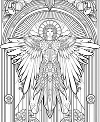 Free Angel Art Nouveau Coloring Page celestial guardian stained glass warrior wings intricate art