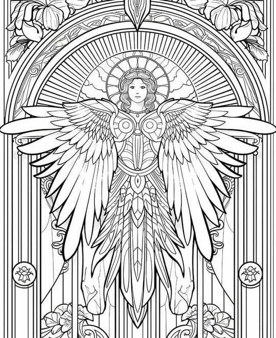Free Angel Art Nouveau Coloring Page celestial guardian stained glass warrior wings intricate art