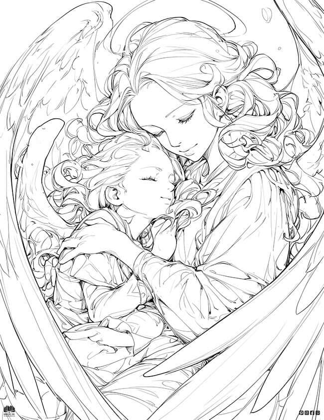 Free Angelic Coloring Page two angels in tender embrace intricate line art wings flowing hair