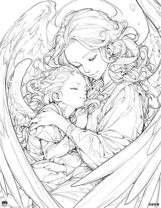Free Angelic Coloring Page two angels in tender embrace intricate line art wings flowing hair