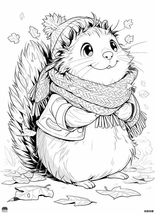 Free Autumn Squirrel Coloring Page cute woodland squirrel scarf hat cozy fall printable download