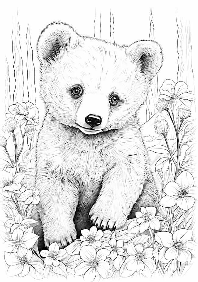 Free Baby Bear Coloring Page fluffy bear cub wildflowers meadow detailed nature line art download