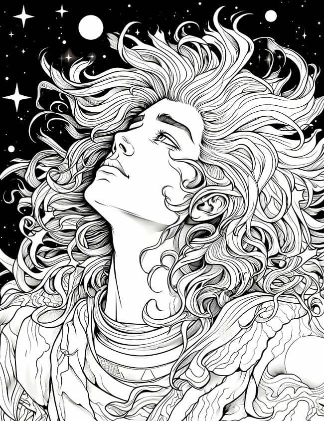Free Celestial Goddess Coloring Page cosmic goddess flowing hair starry sky intricate adult art