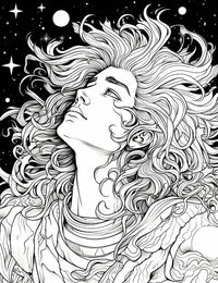 Free Celestial Goddess Coloring Page cosmic goddess flowing hair starry sky intricate adult art