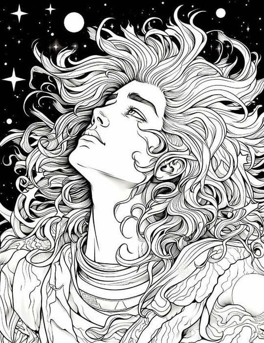 Free Celestial Goddess Coloring Page cosmic goddess flowing hair starry sky intricate adult art