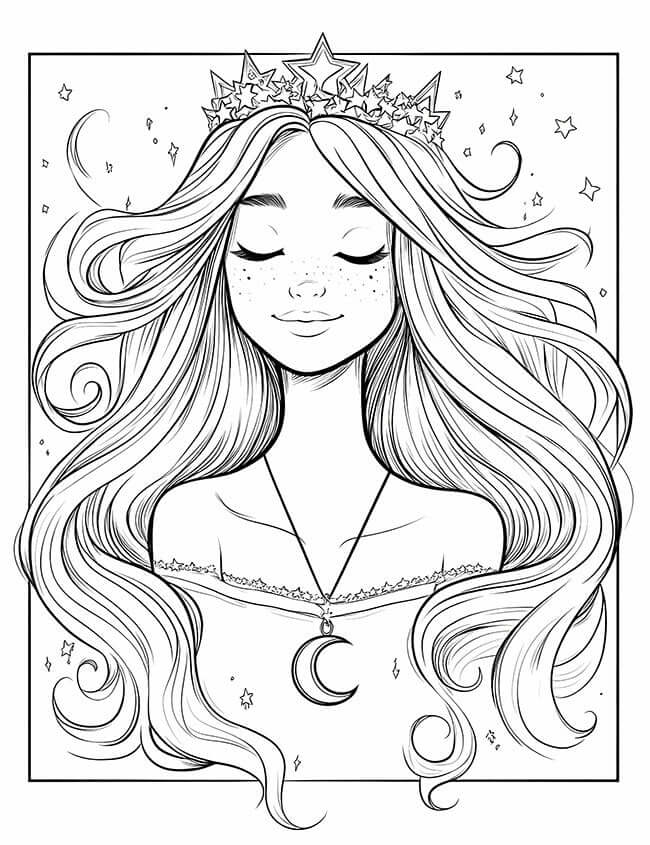 Free Celestial Princess Coloring Page star crown moon necklace flowing hair goddess adult art
