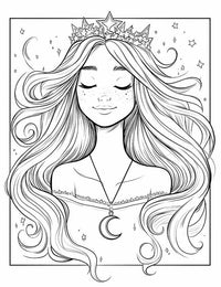 Free Celestial Princess Coloring Page star crown moon necklace flowing hair goddess adult art