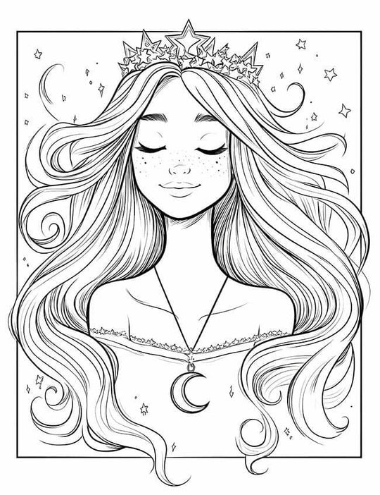 Free Celestial Princess Coloring Page star crown moon necklace flowing hair goddess adult art