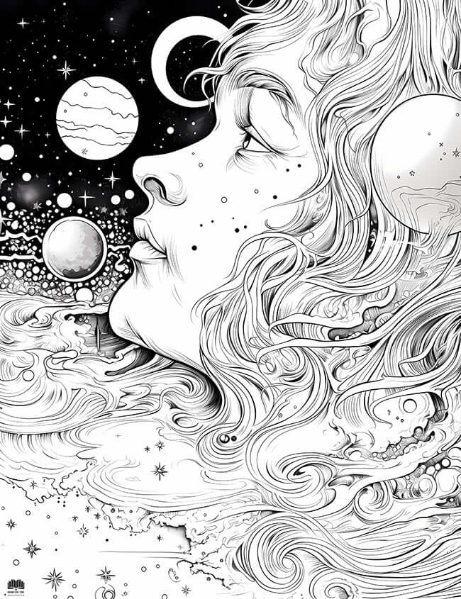 Free Cosmic Woman Coloring Page celestial woman face stars planets intricate line art download